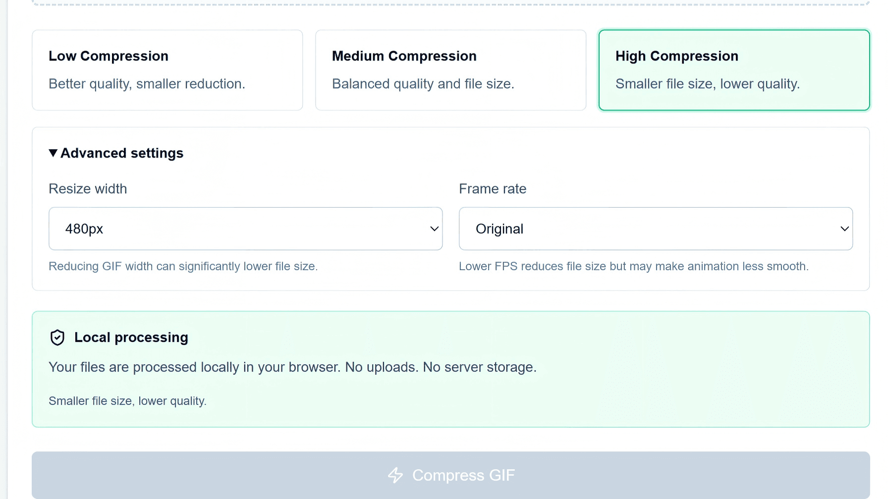 GIF compressor tool interface showing upload, compression level, resize width, and frame rate controls